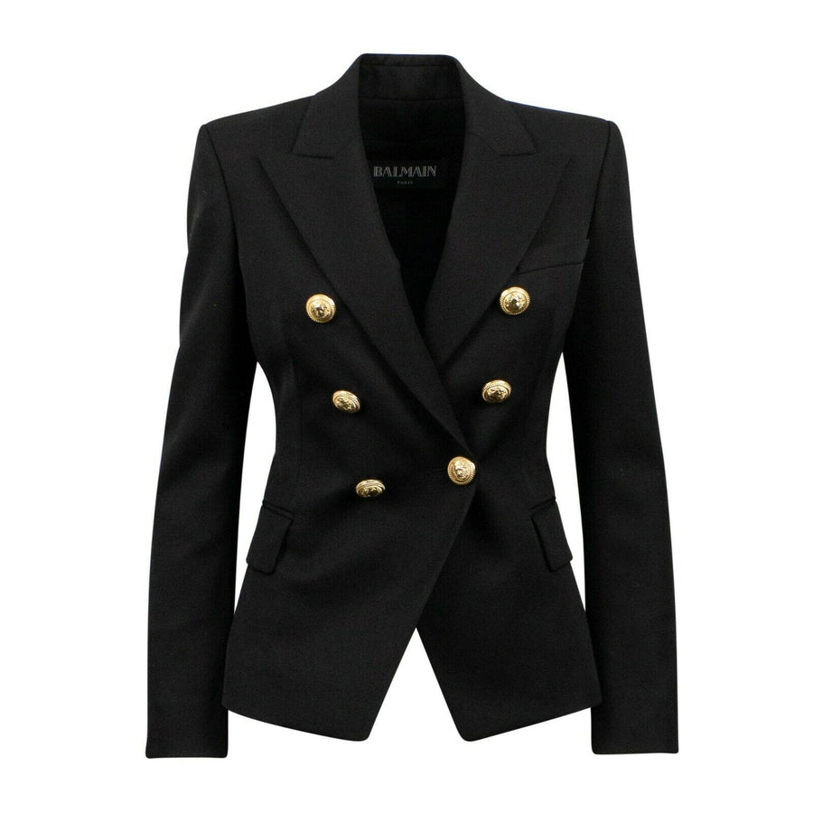 Wool Double Breasted Gold Button Blazer - Black