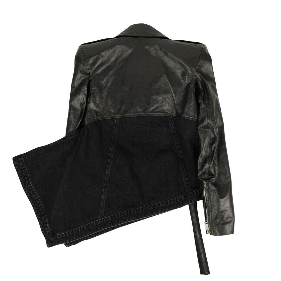 Asymmetric Denim & Leather Biker Jacket - Black