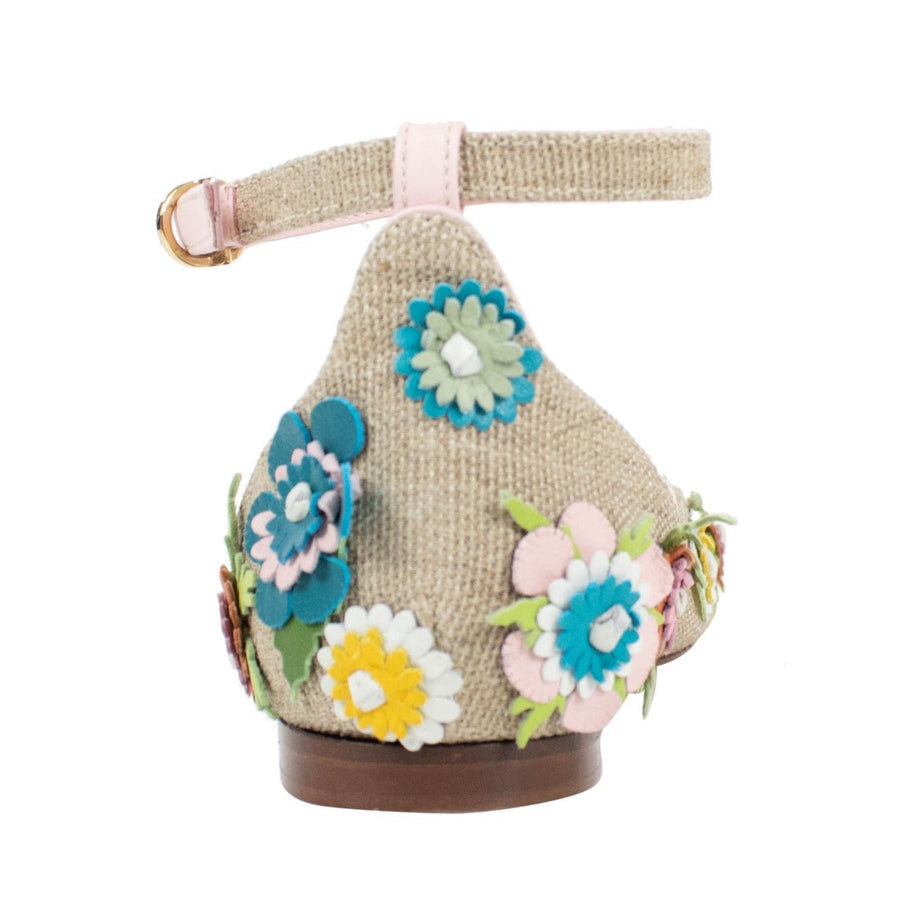 Raffia Floral Adorned Ankle Strap Flats - Beige / Multi
