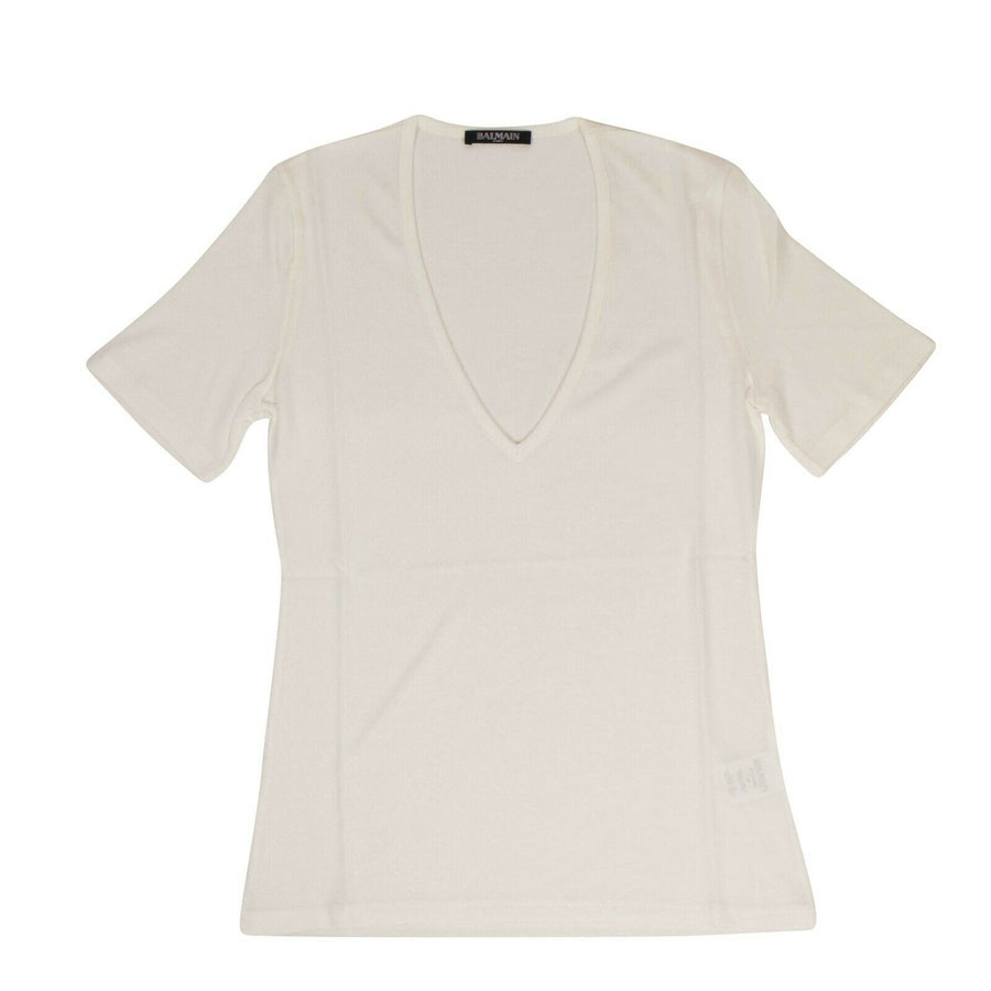 Short Sleeve Deep V Neck Knit T-Shirt - White