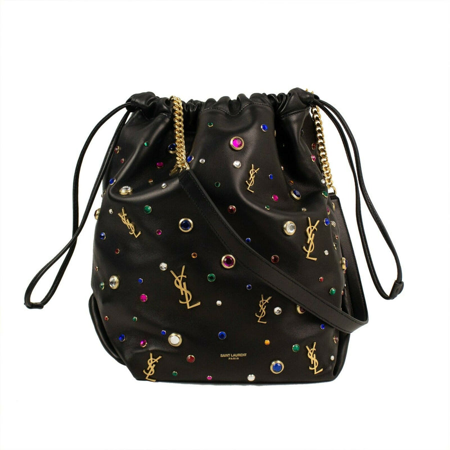 Leather Gem Stud Embellished Teddy Bucket Handbag - Black