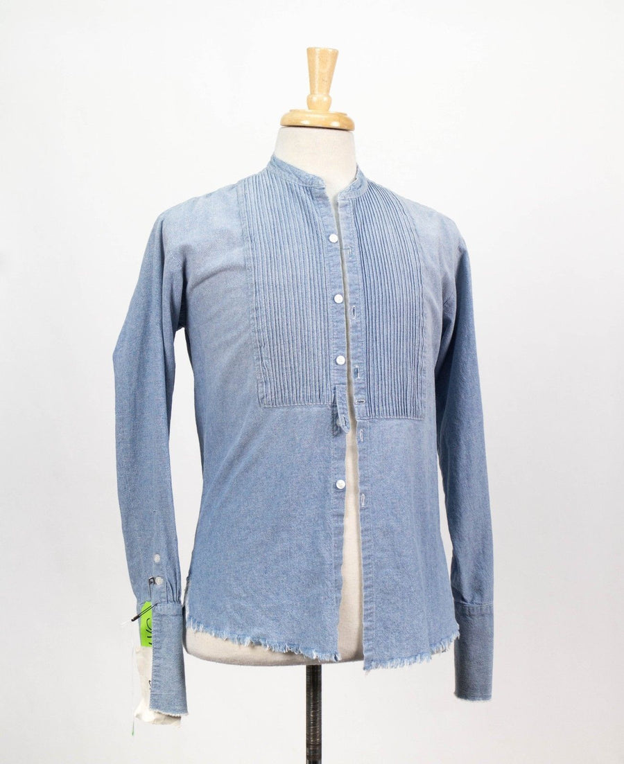 Cotton Bib-Front Distressed Button Down Casual Shirt - Blue