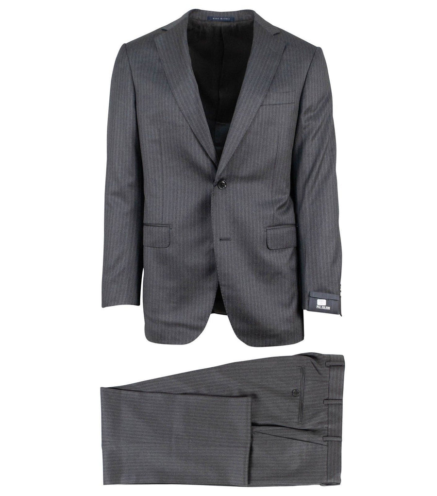 Pinstriped Wool Two Button Suit - Heather Grey