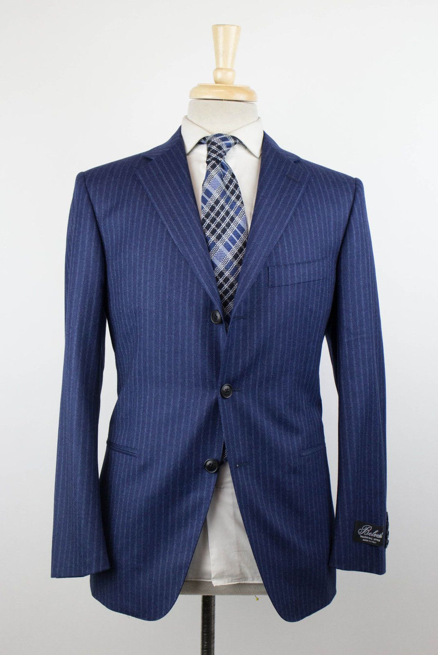 Drop 4 Striped Wool 3 Roll 2 Button Suit - Blue