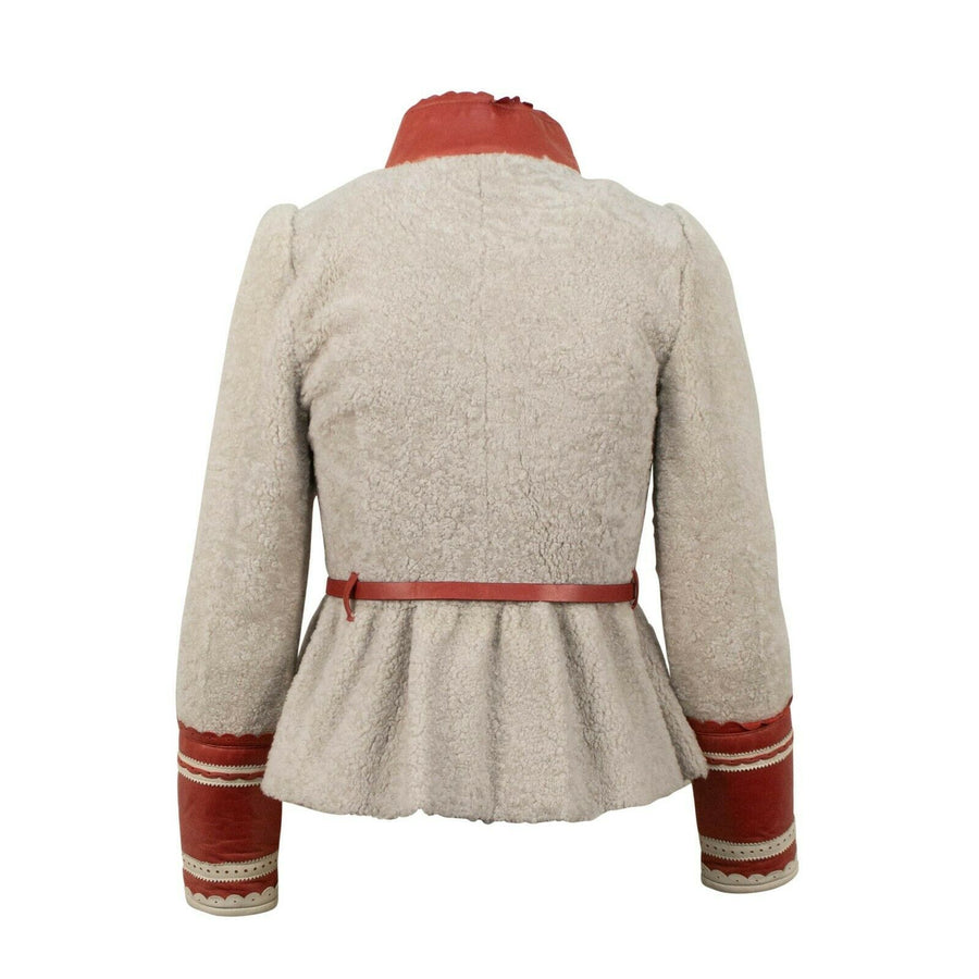 Lamb Fur With Lambskin Leather Detail Coat - Off White / Red