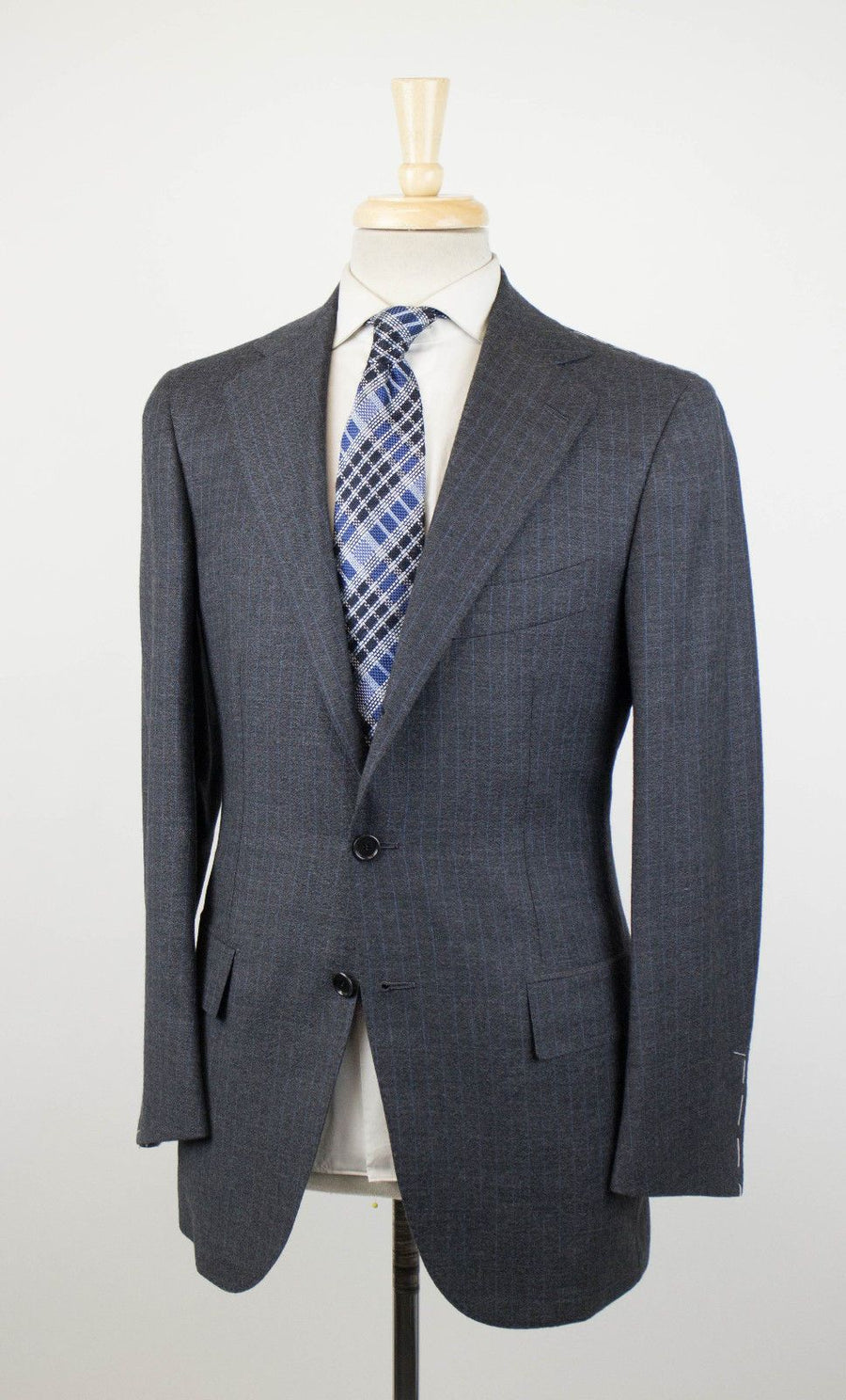 Drop 7 Pin Striped Wool 3/2 Button Suit - Gray / Blue