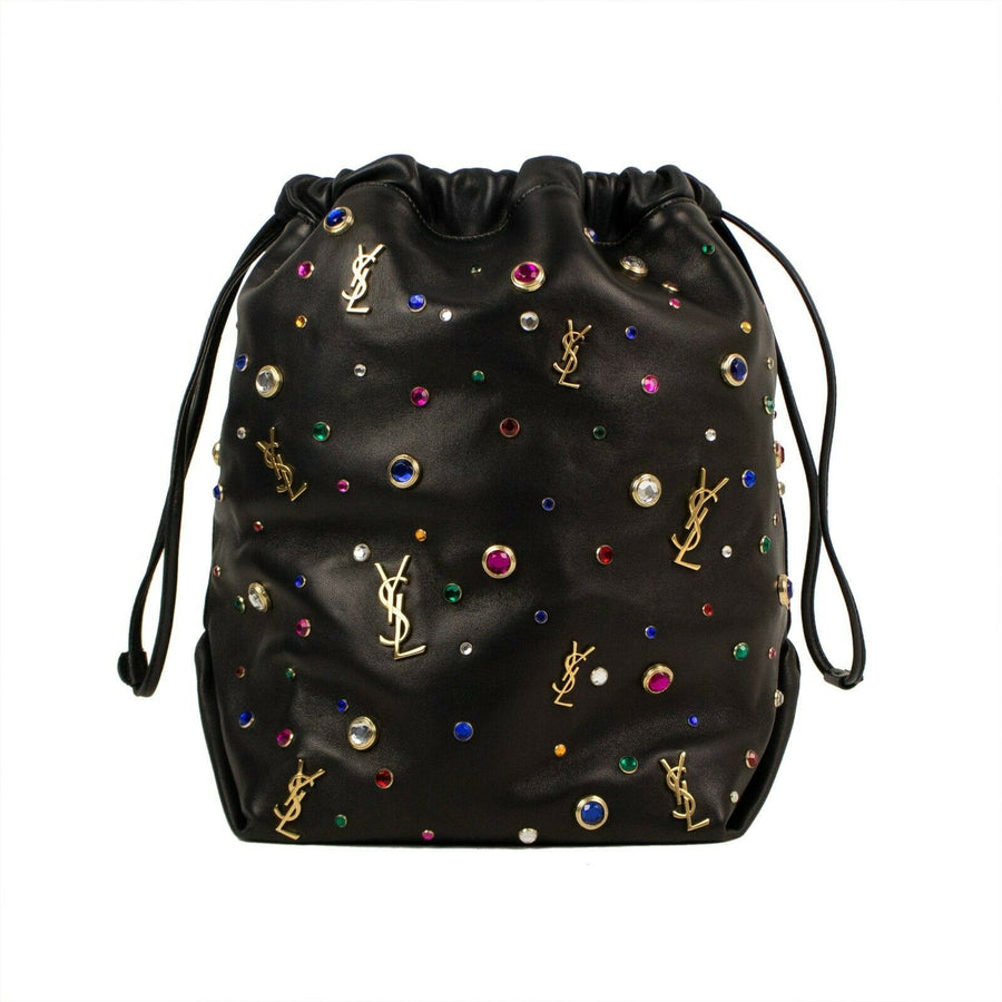 Leather Gem Stud Embellished Teddy Bucket Handbag - Black