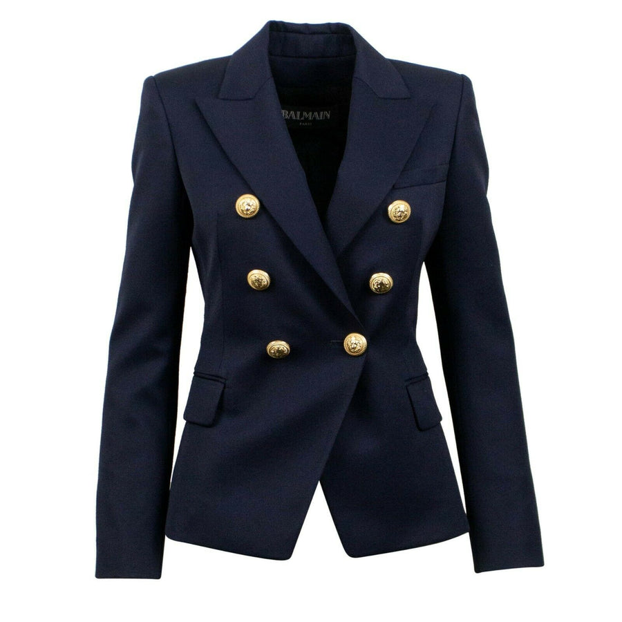 Wool Double Breasted Gold Buttons Blazer - Navy Blue