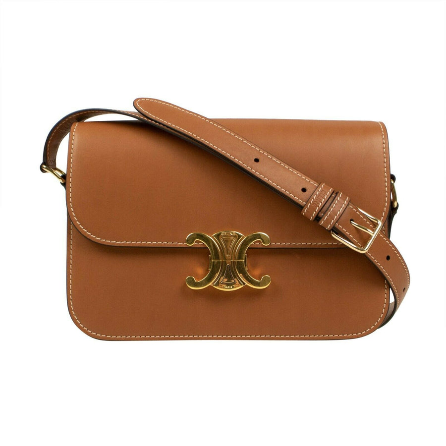 Shiny Calfskin Leather Medium Triomphe Cross Body Bag - Tan