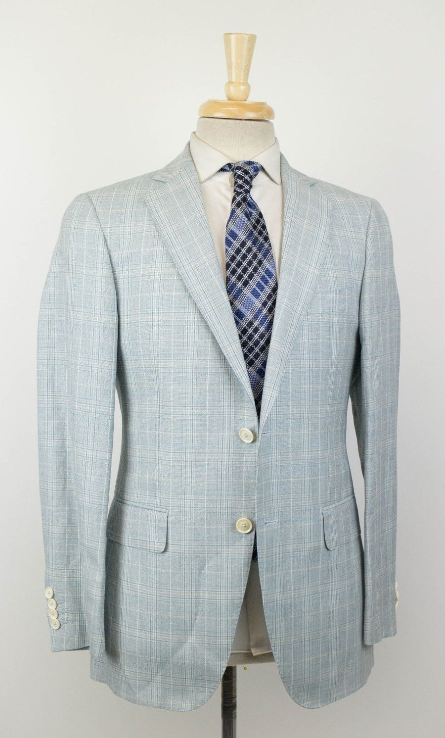Plaid Wool Blend 2 Button Sport Coat - Light Blue