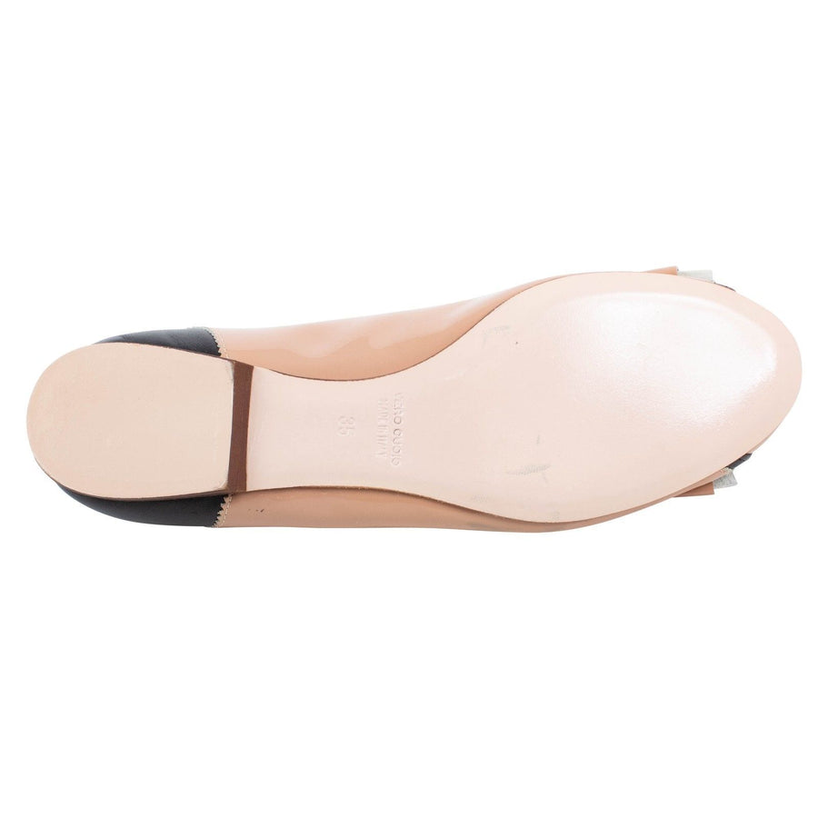 Leather Two Tone Bow Flats - Beige / Black