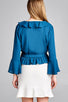 Ladies fashion 3/4 bell sleeve wrap w/ruffle side tie closure flare bottom wool dobby woven top