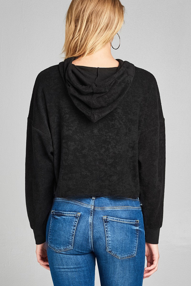 Ladies fashion plus size dropped long sleeve french terry hoodie top