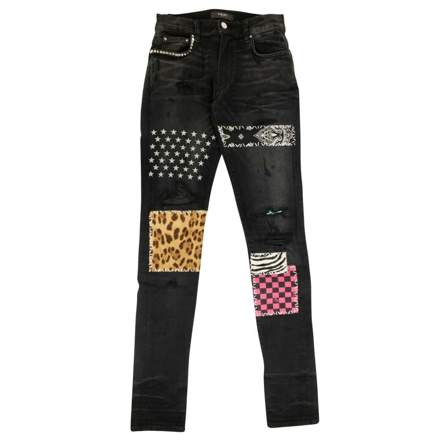 Denim Skinny Studded Art Patch Jeans Pants - Black