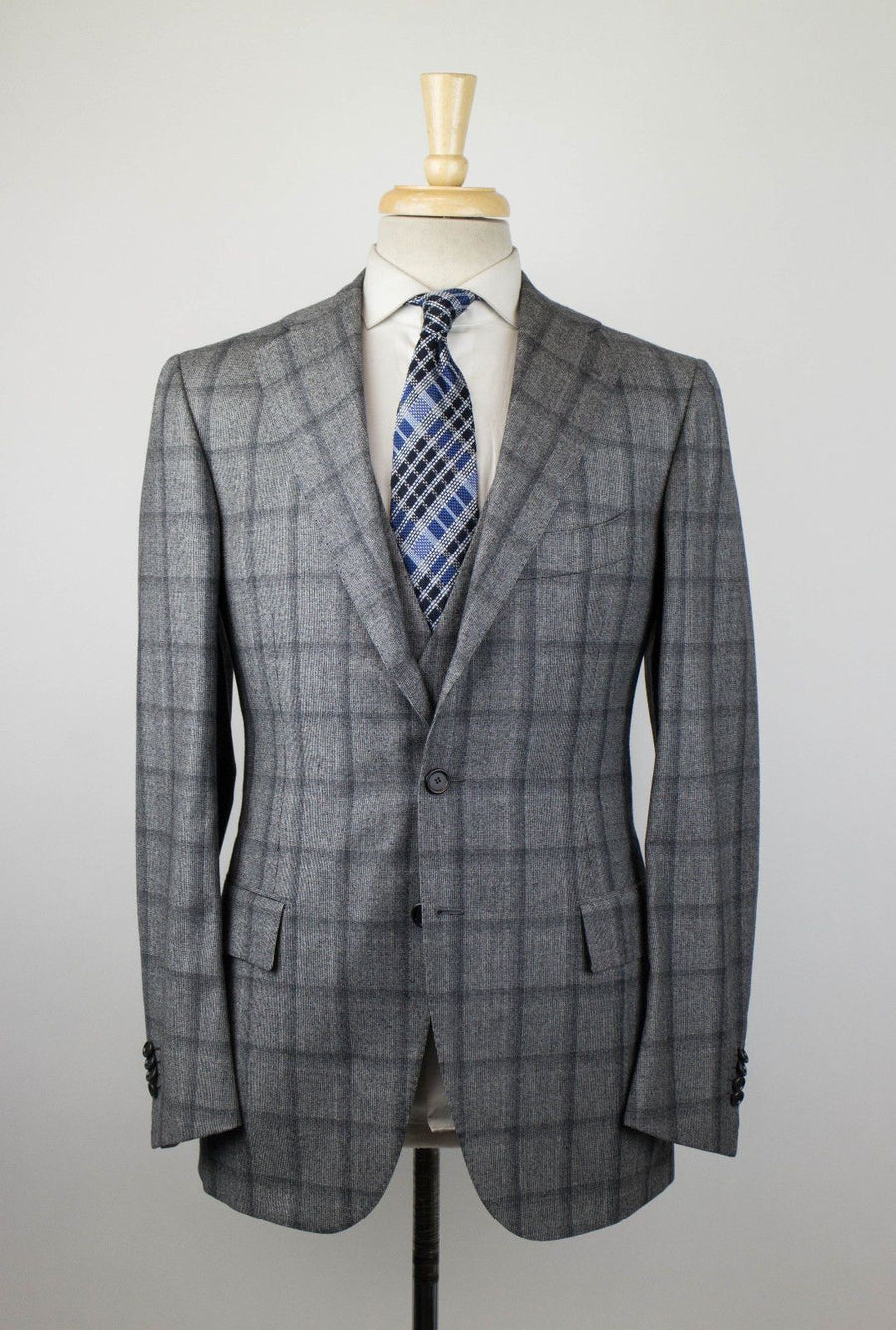 Drop 7 Windowpane Check Wool 3/2 Button 3 Piece Suit - Gray