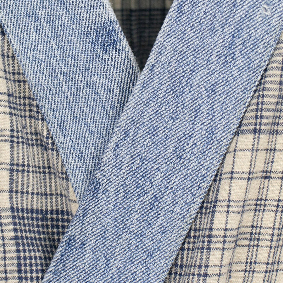 Plaid And VIntage Denim Kimono Robe - Ivory / Blue