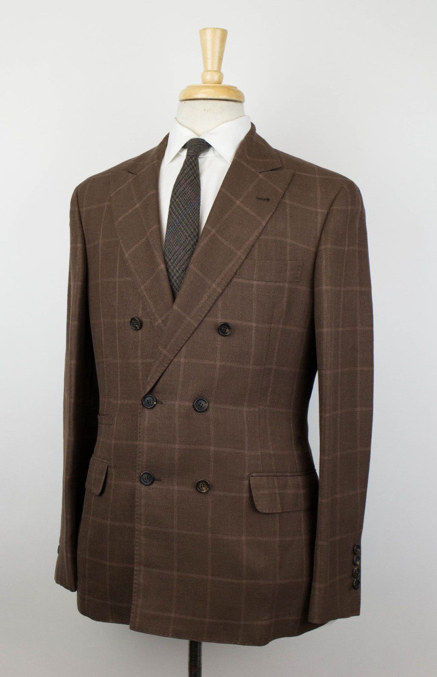 Windowpane Wool Blend Double Breasted Suit - Brown