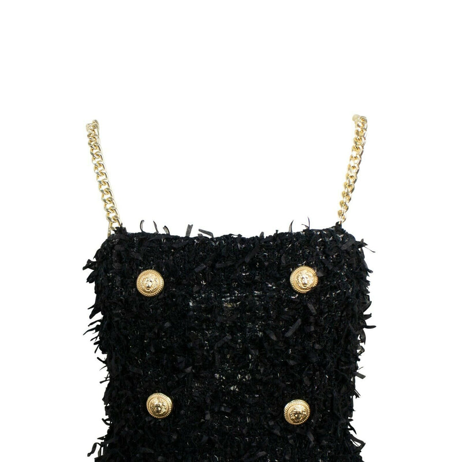 Cotton Blend Fringed Sheath Mini Dress - Black