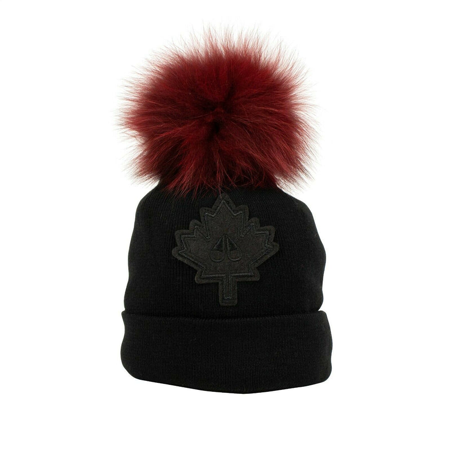 Kids Fur Pom Pom Maple-leaf Hat - Black/ Burgundy