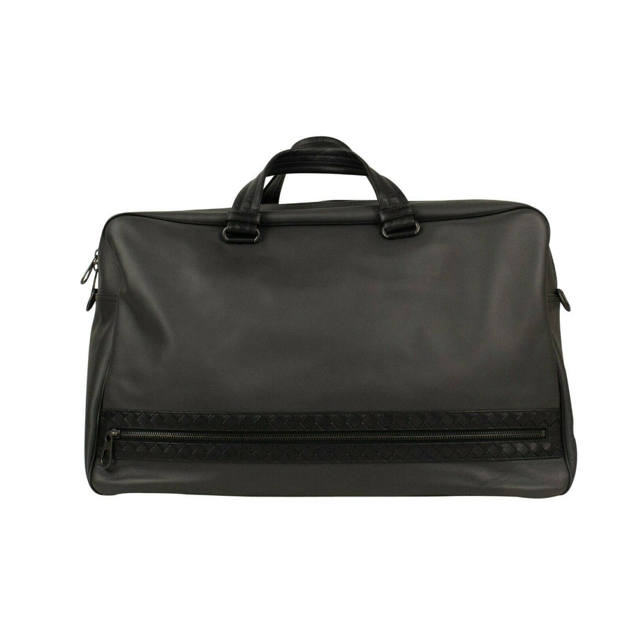 Leather Intrecciato Accent Travel Bag- Black