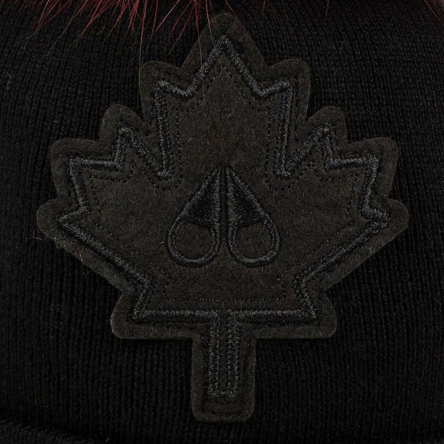 Kids Fur Pom Pom Maple-leaf Hat - Black/ Burgundy