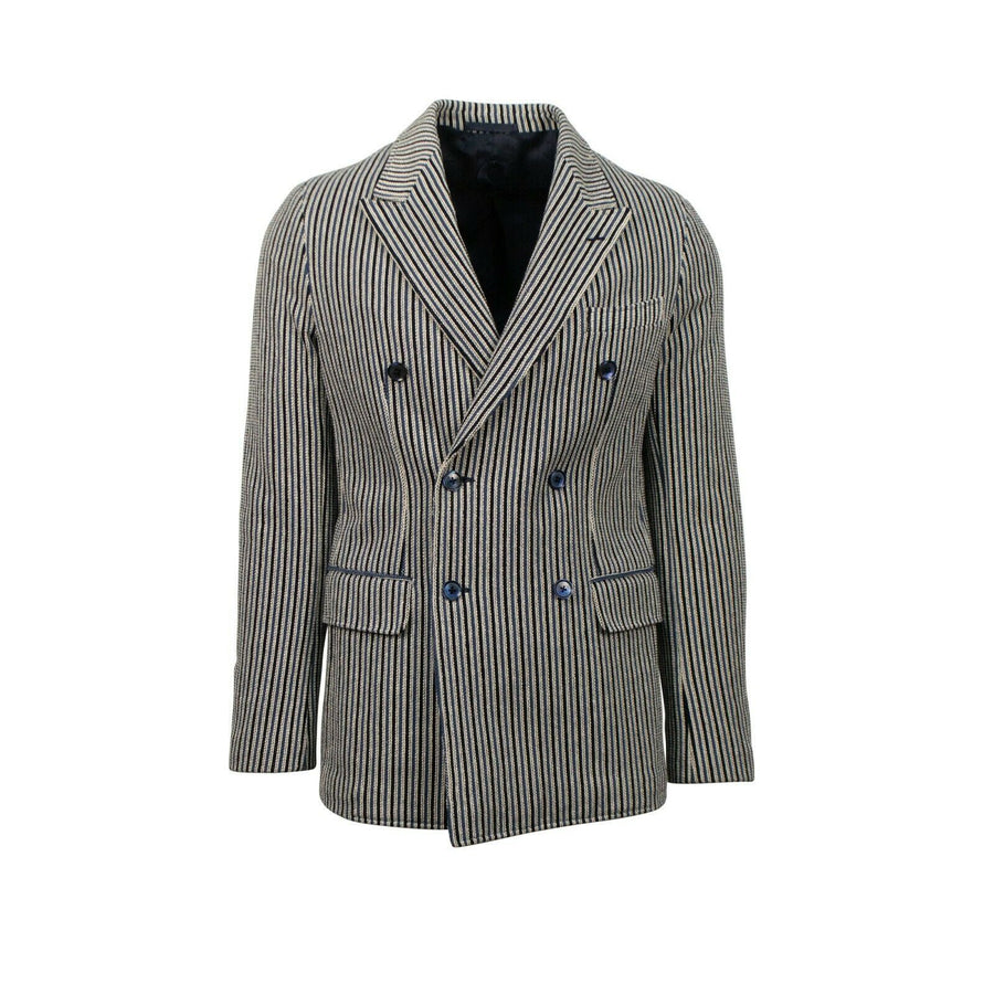 Striped Cotton Double Breasted Sport Coat - Blue