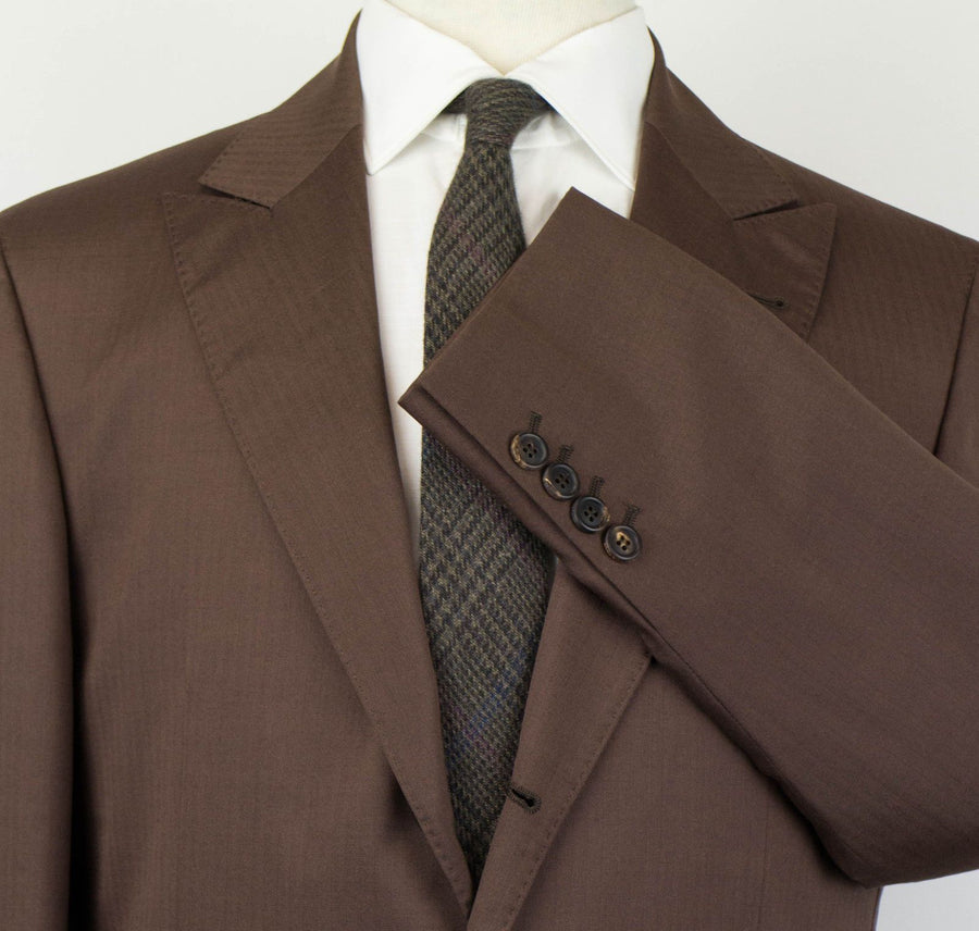 Herringbone Wool Blend 3/2 Button Suit - Brown