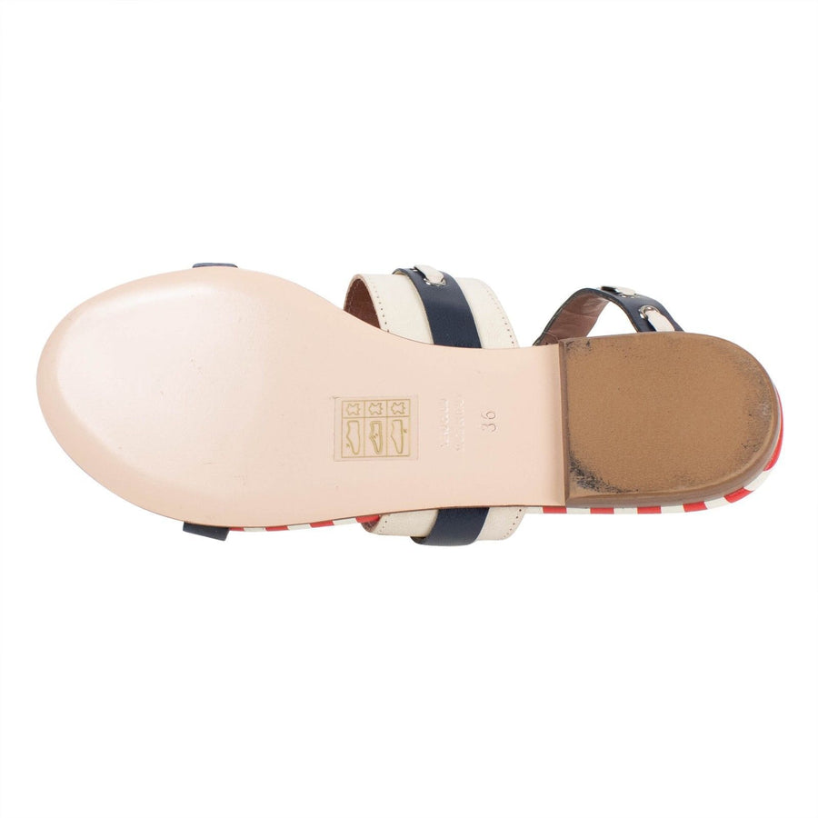 Leather Striped Ankle Strap Sandal - Navy / Red / White