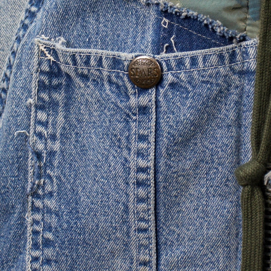 Camo Nylon Vintage Denim Puffy Hooded Parka Coat - Blue / Green