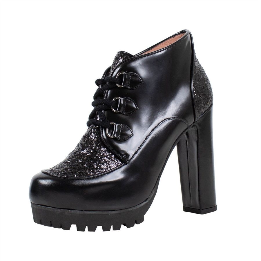 Leather & Glitter Lace Up Booties - Black