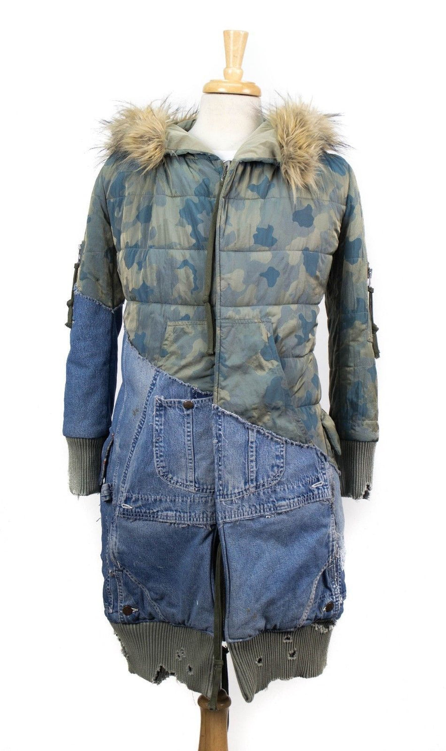 Camo Nylon Vintage Denim Puffy Hooded Parka Coat - Blue / Green