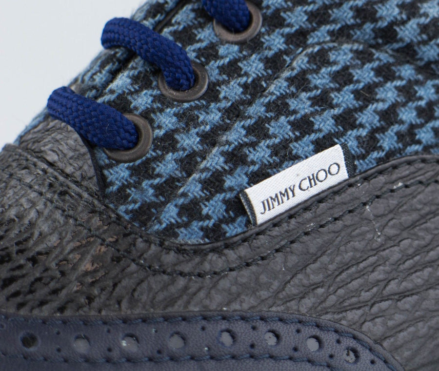 Leather and Houndstooth Fabric Studded Lace Up Oxford - Navy