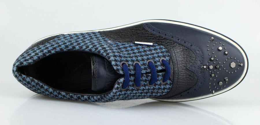 Leather and Houndstooth Fabric Studded Lace Up Oxford - Navy