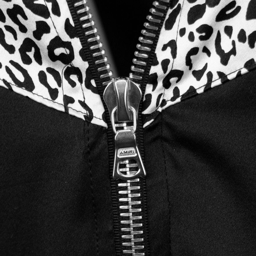Leopard Silk Zip Up Windbreaker Jacket - Black / White