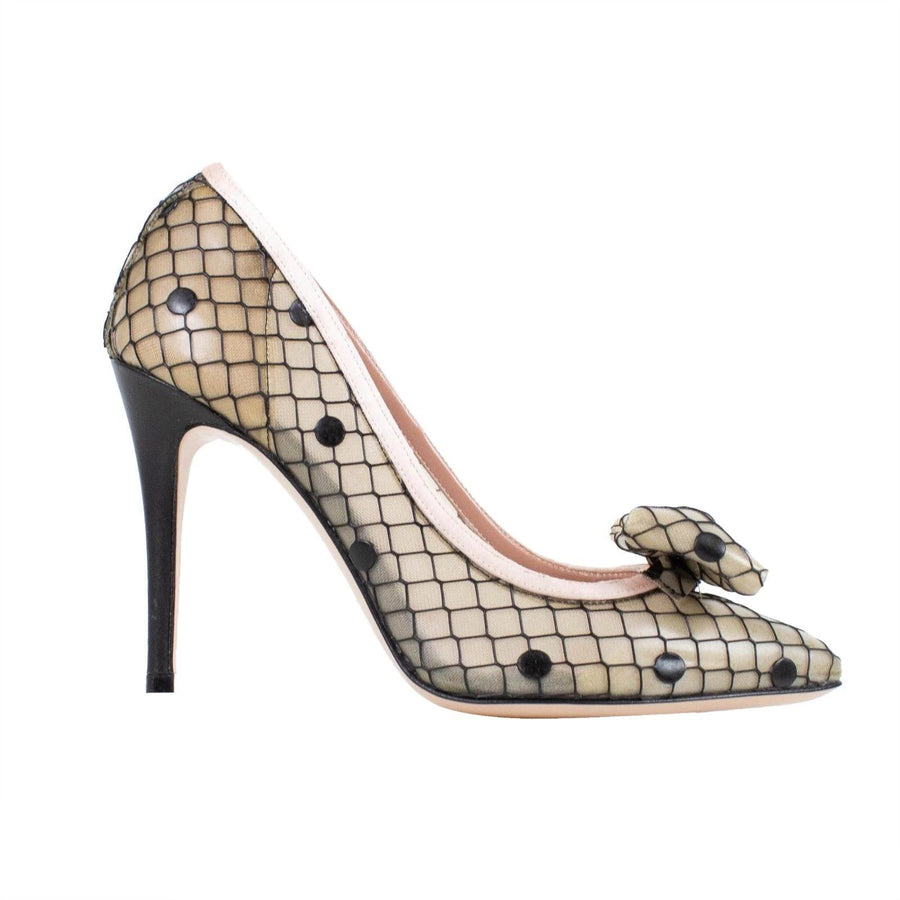 Plastic Mesh Polka Dot Bow Pumps - Beige / Black