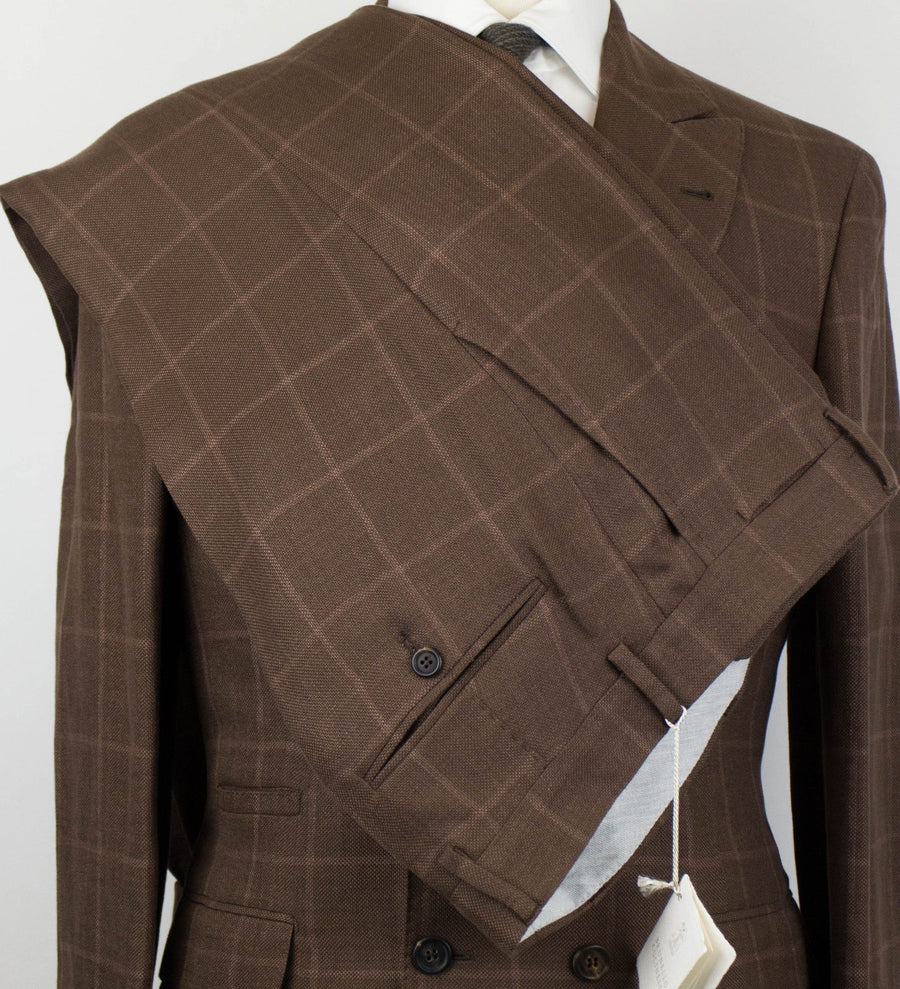 Windowpane Wool Blend Double Breasted Suit - Brown
