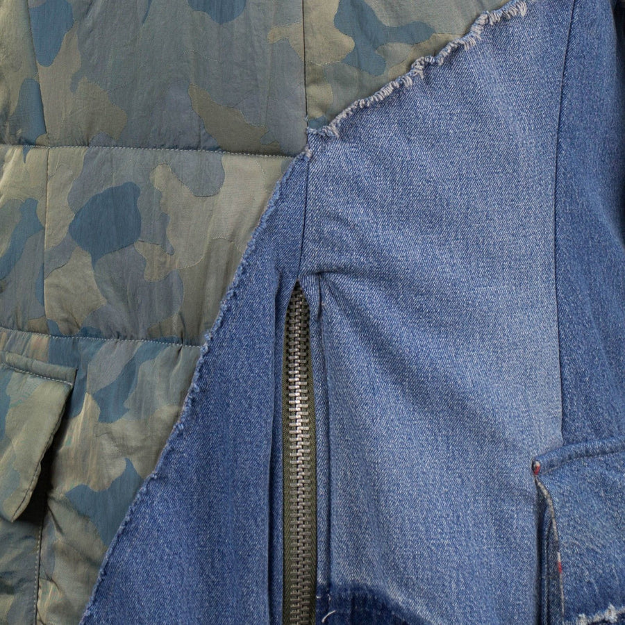 Camo Nylon Vintage Denim Puffy Hooded Parka Coat - Blue / Green