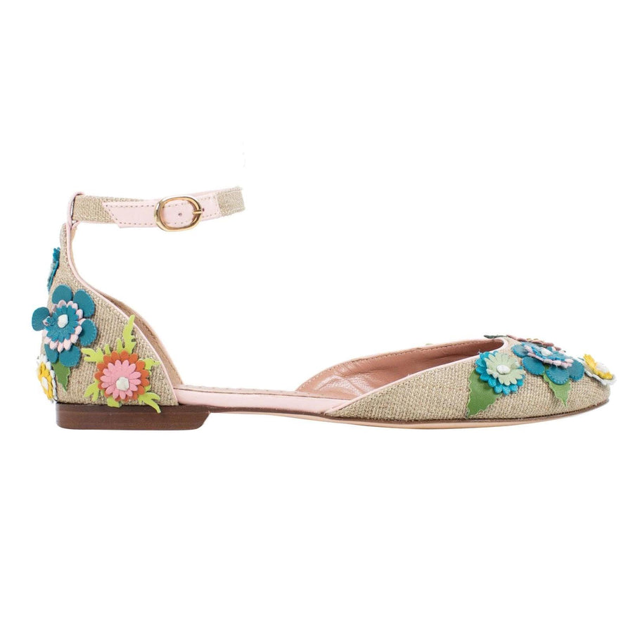 Raffia Floral Adorned Ankle Strap Flats - Beige / Multi