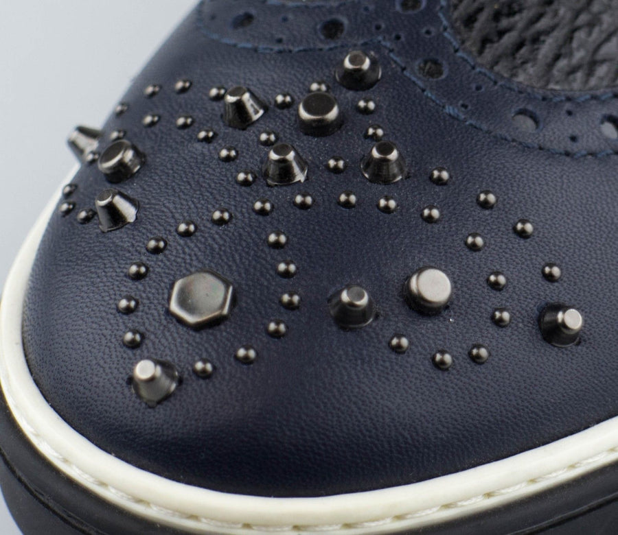 Leather and Houndstooth Fabric Studded Lace Up Oxford - Navy