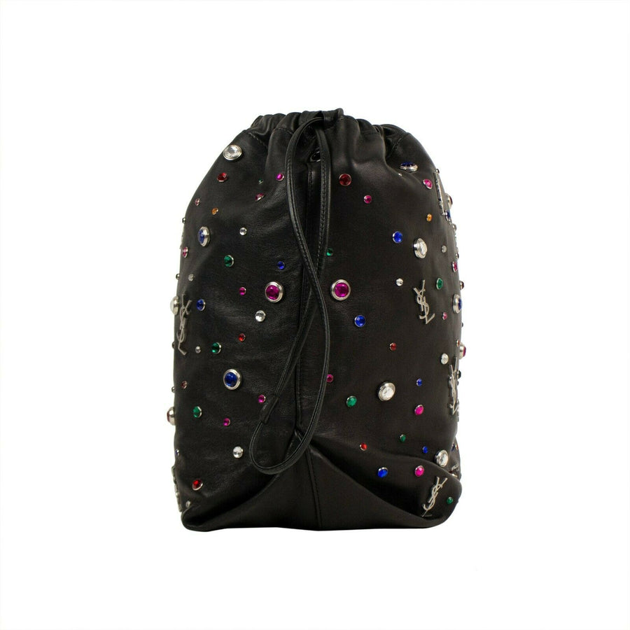 Leather Gem Stud Embellished Bucket Handbag - Black