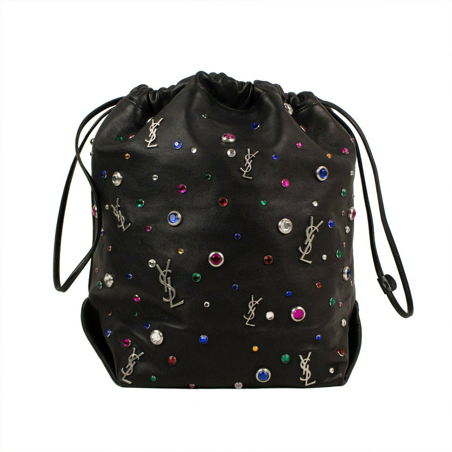 Leather Gem Stud Embellished Bucket Handbag - Black