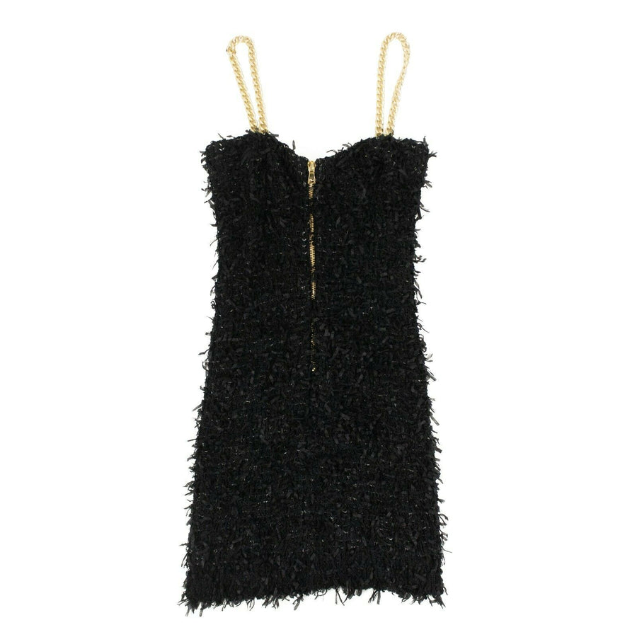 Cotton Blend Fringed Sheath Mini Dress - Black