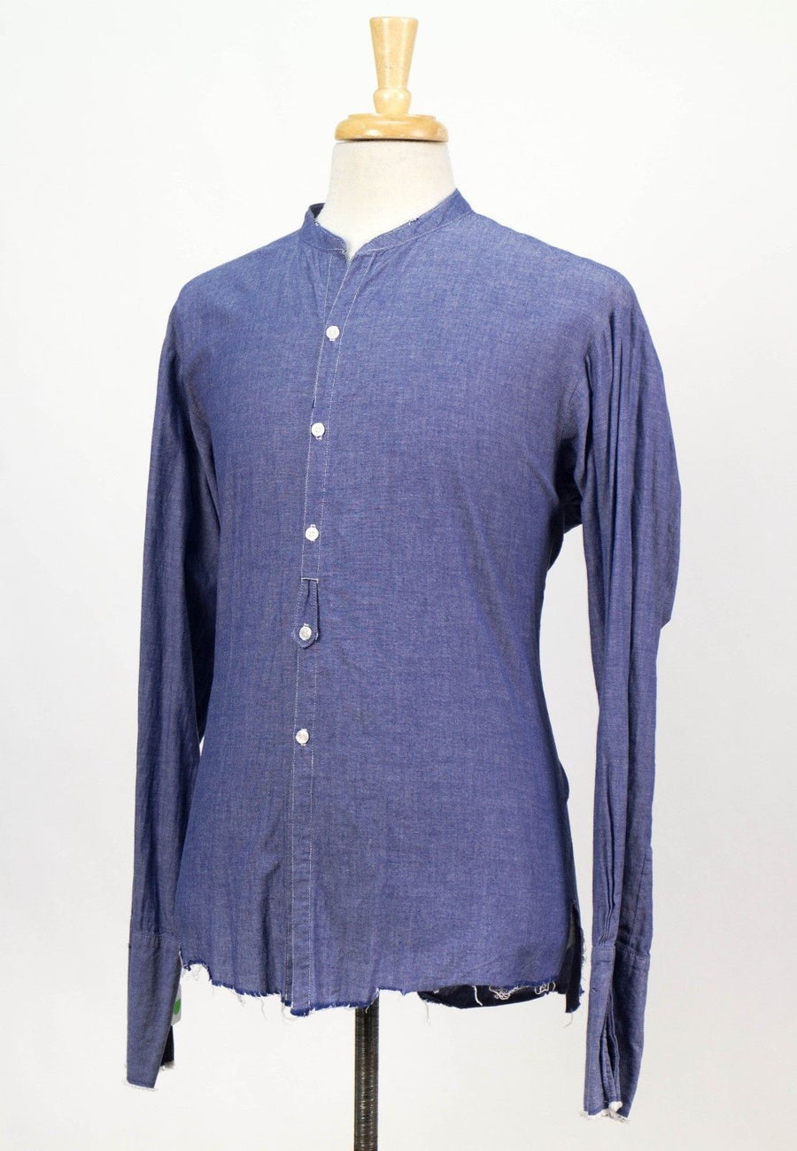 Cotton Mandarin Collar Button Down Casual Shirt - Blue
