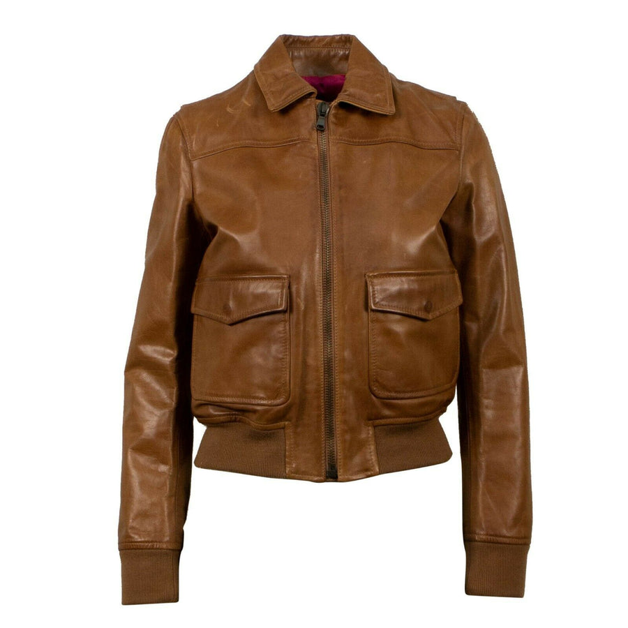 Leather With Star Design Bomber Jacket - Brown
