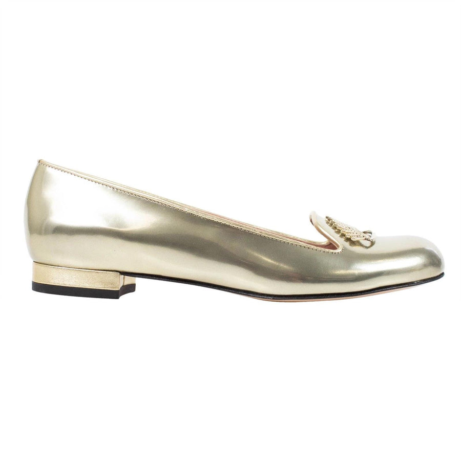 Metallic Leather Crystal Crown Flats - Gold