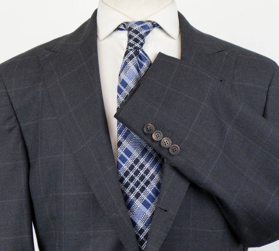 Wool Blend Windowpane Check 3 Roll 2 Button Sport Coat - Gray