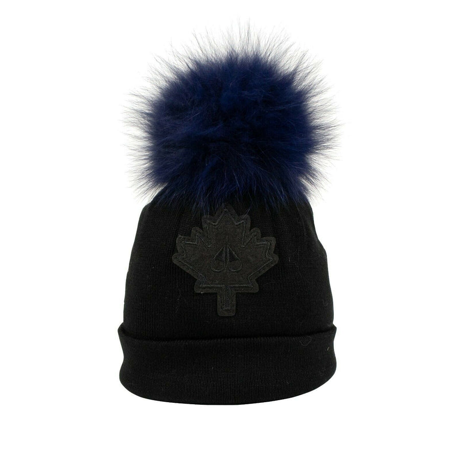 Kids Fur Pom Pom Maple-leaf Hat - Black/ Blue