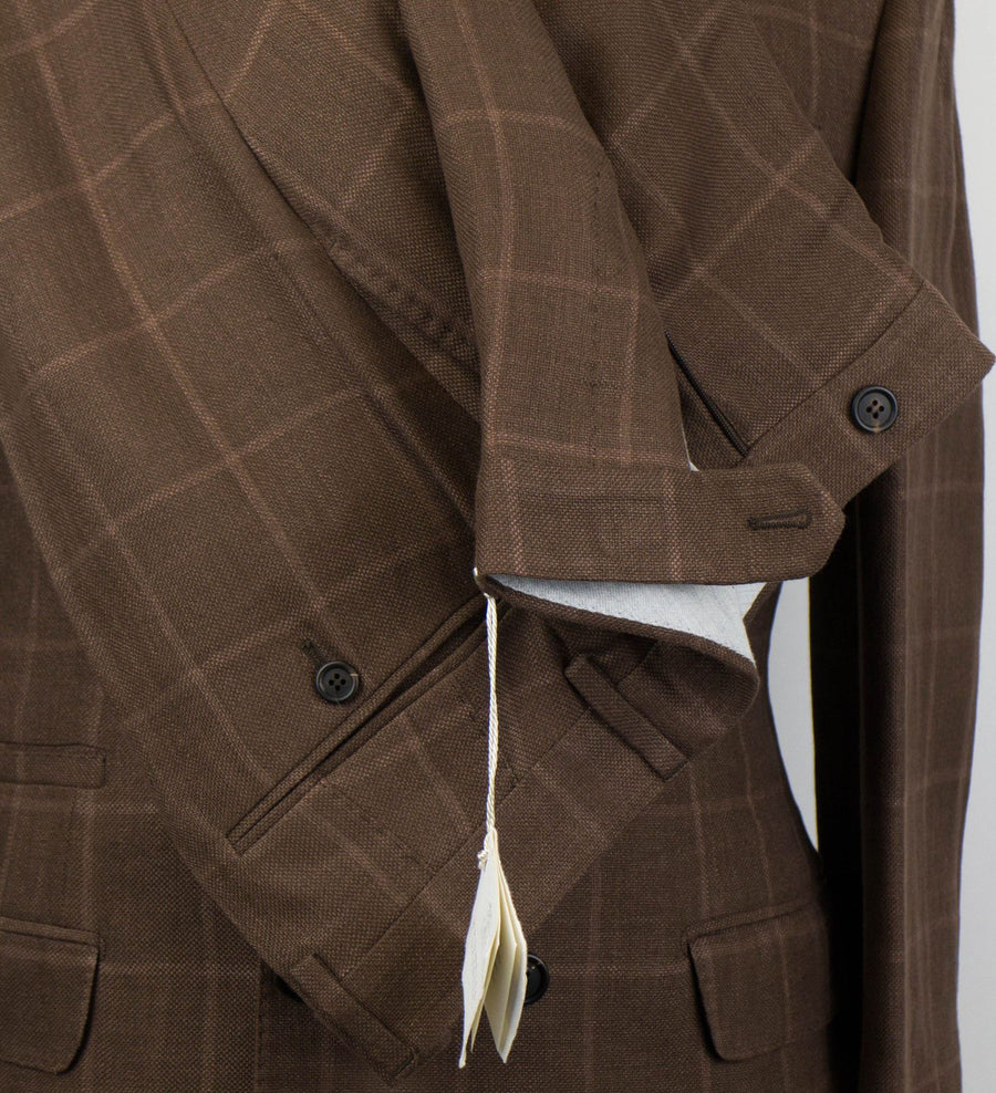 Windowpane Check Wool Blend Double Breasted Suit - Brown