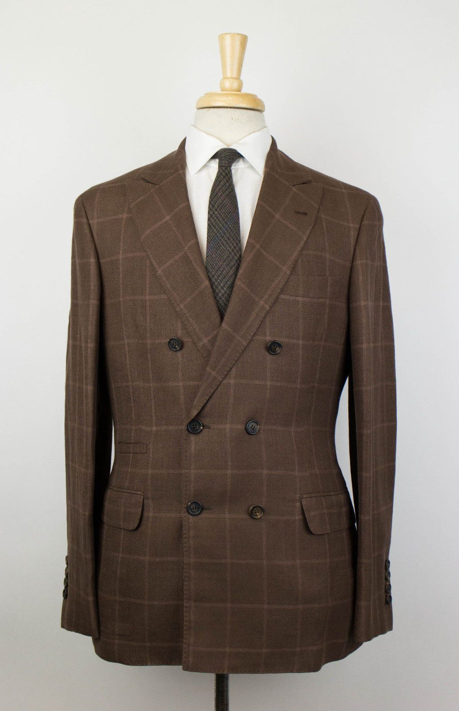 Windowpane Wool Blend Double Breasted Suit - Brown