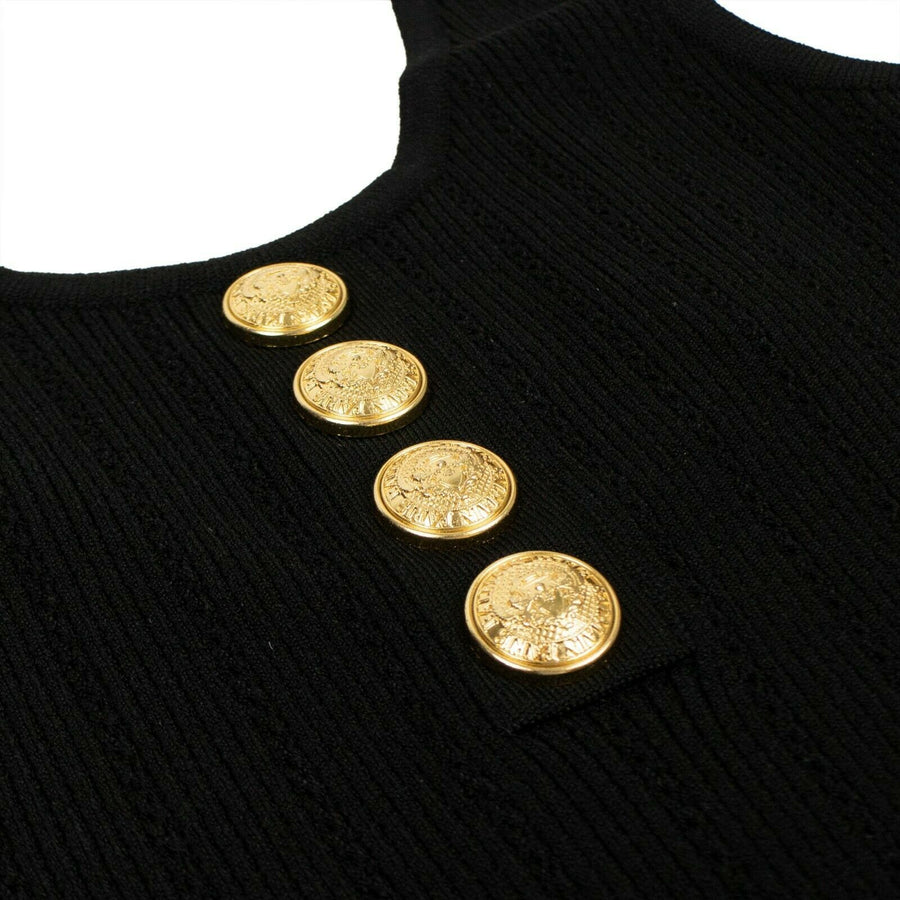 Sleeveless Knit Gold Button Bodysuit - Black